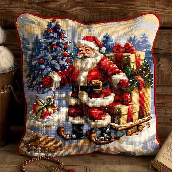 Latch Hook Kit, Santa Claus And Gifts Animal Latch Hook Pillow Kits For Adults Crochet Yarn Cushion Pre-Printed Needlework Handcraft 17X17 Inch