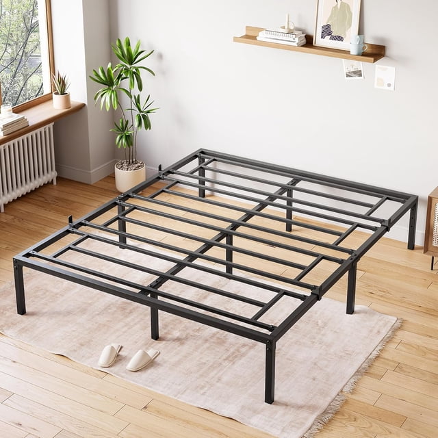 Bingirl 14-Inch Sturdy Metal Platform Queen Size Bed Frame: Heavy Duty Steel Slat Support, Easy Assembly, Noise-Free, with Storage Space, No Box Spring Needed (Black)