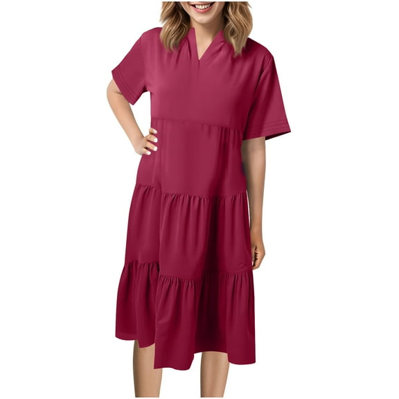Mingw Womens Dress Short Sleeve Polo Shirt Dress Casual Ruffle Hem Solid Color Loose Mini Dresses XXL