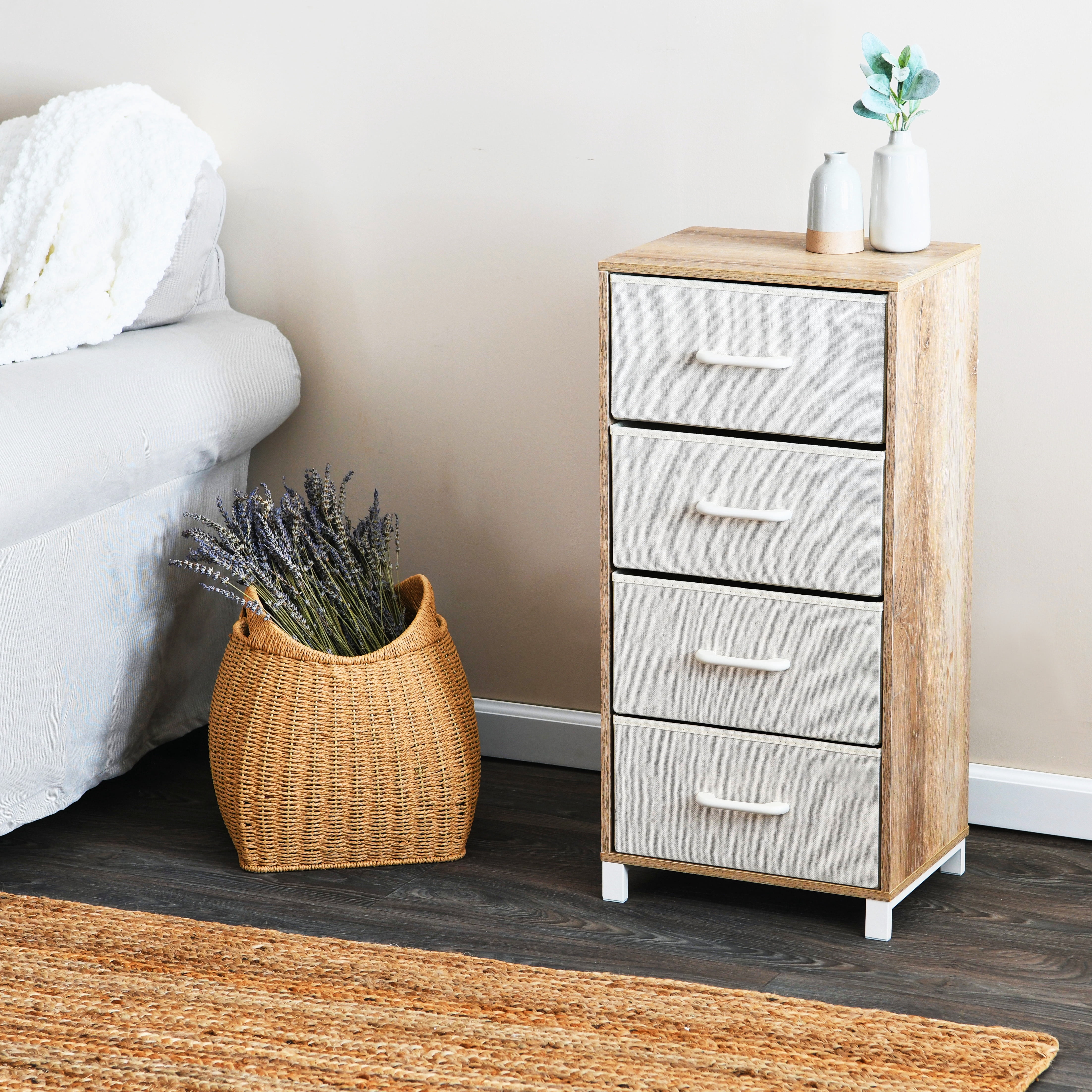 Household Essentials 4 Drawer Dresser, Narrow Storage Chest, Multi-Color Drawers, Wire Backing and Metal Feet, Wood Handles, Coastal Oak Laminate