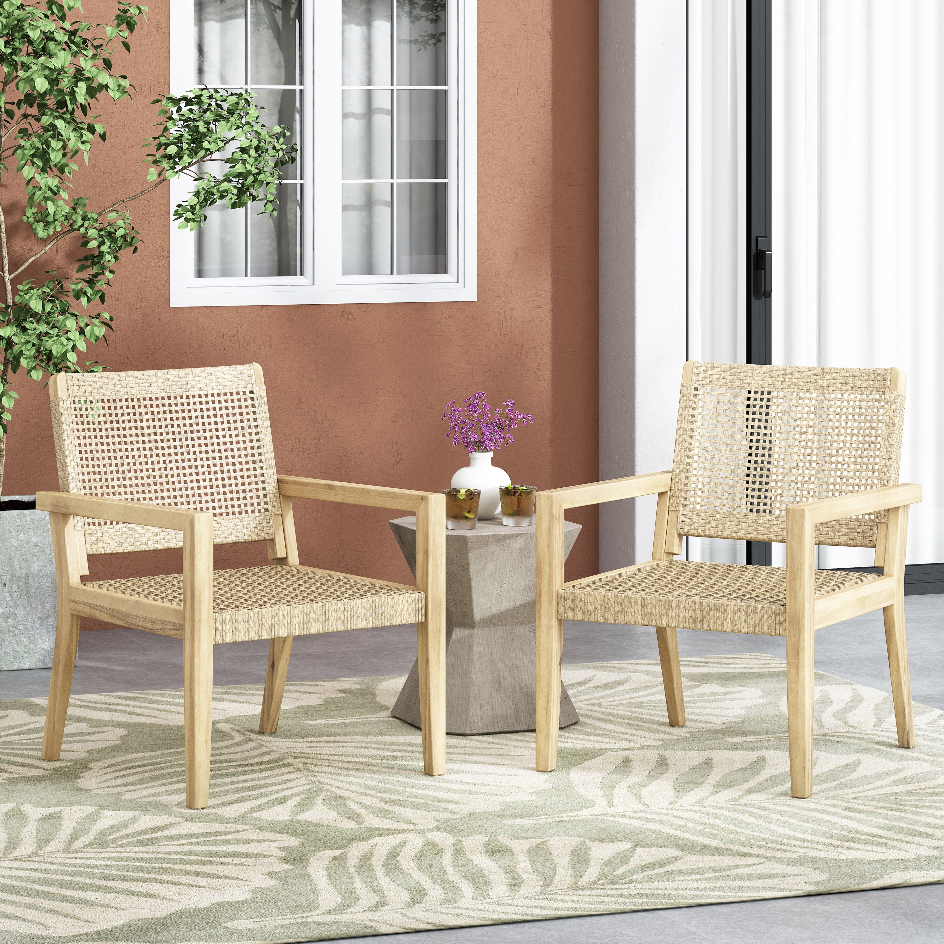 Outdoor Single Seat Chair Set of 2, Combined Wicker and Acacia Wood Structure for Patio Garden, Light and Light Brown