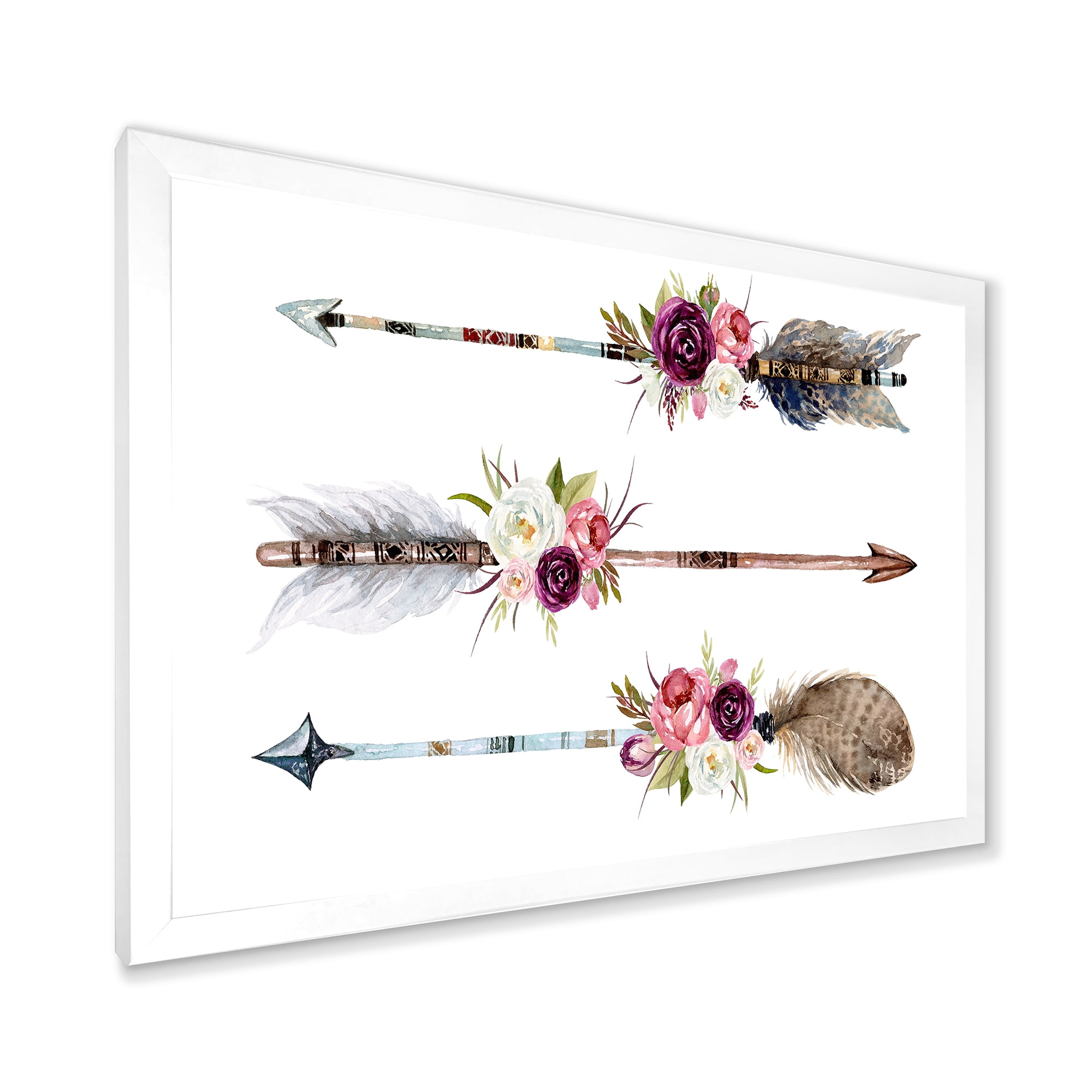 Designart 'Flowers and Ethnic Feathers On Native Arrows III' Bohemian & Eclectic Framed Art Print