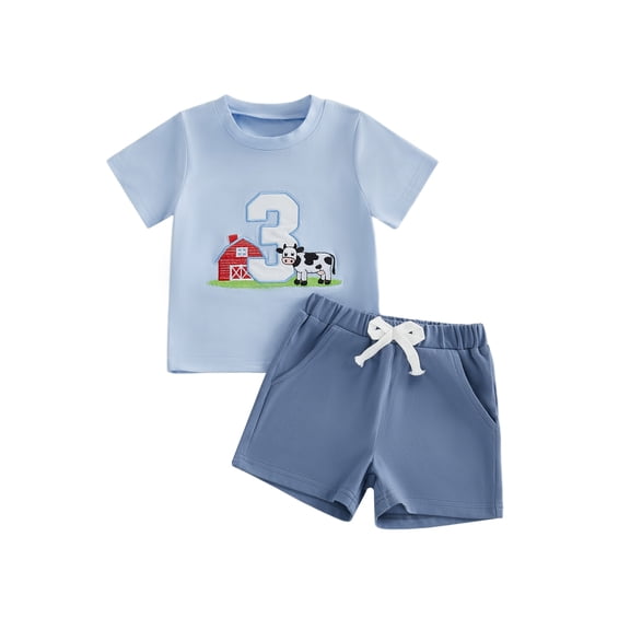 BemeyourBBs Toddler Baby Boys Birthday Outfits 1 2 3 4 5 6 Years Old Birthday Summer Clothes Number Cow Embroidery Short Sleeve T Shirt Tops and Pockets Shorts Set