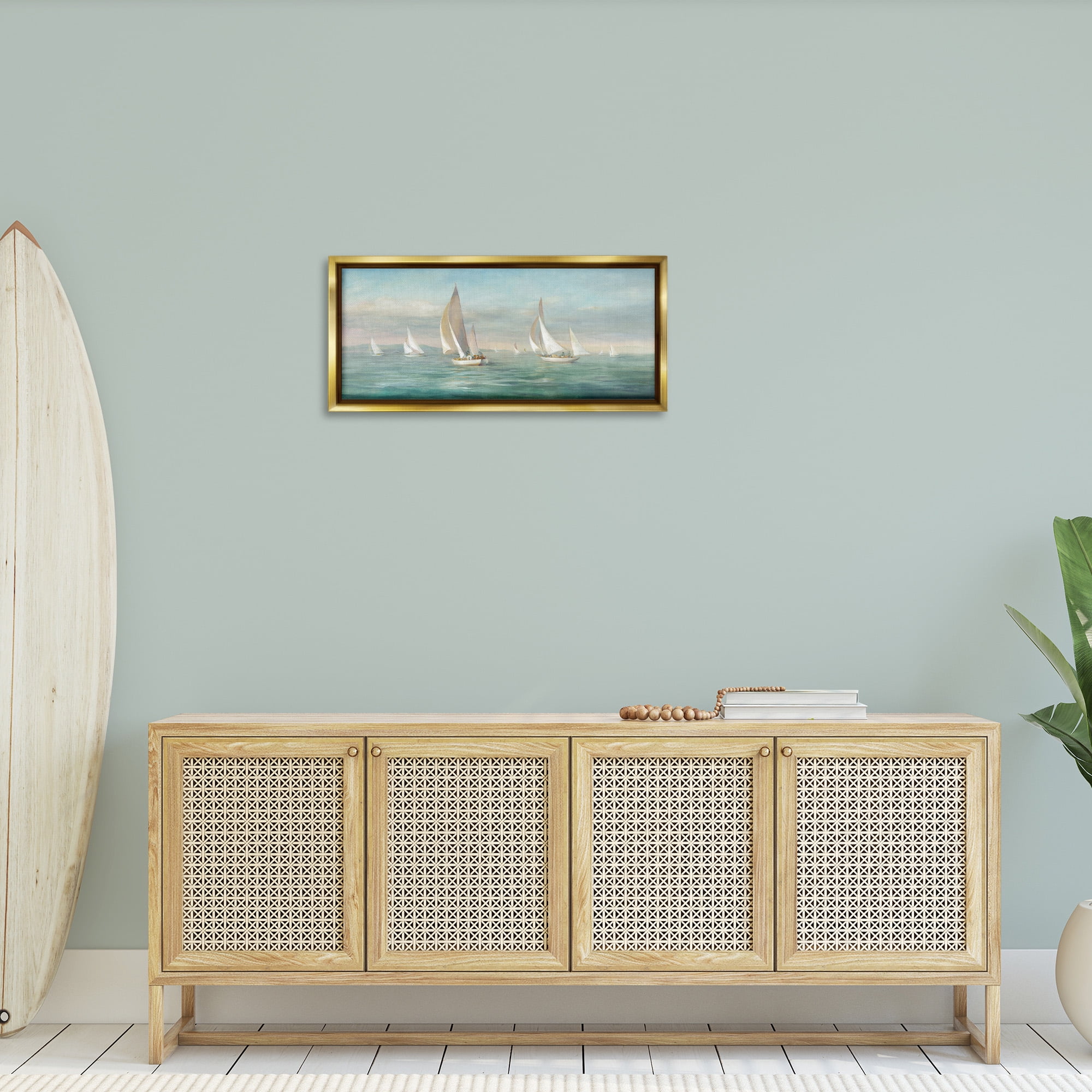 Stupell Industries Sailboat Fleet Ocean Waves Transportation Painting Gold Floater Framed Canvas Art Print Wall Art, 31 x 14