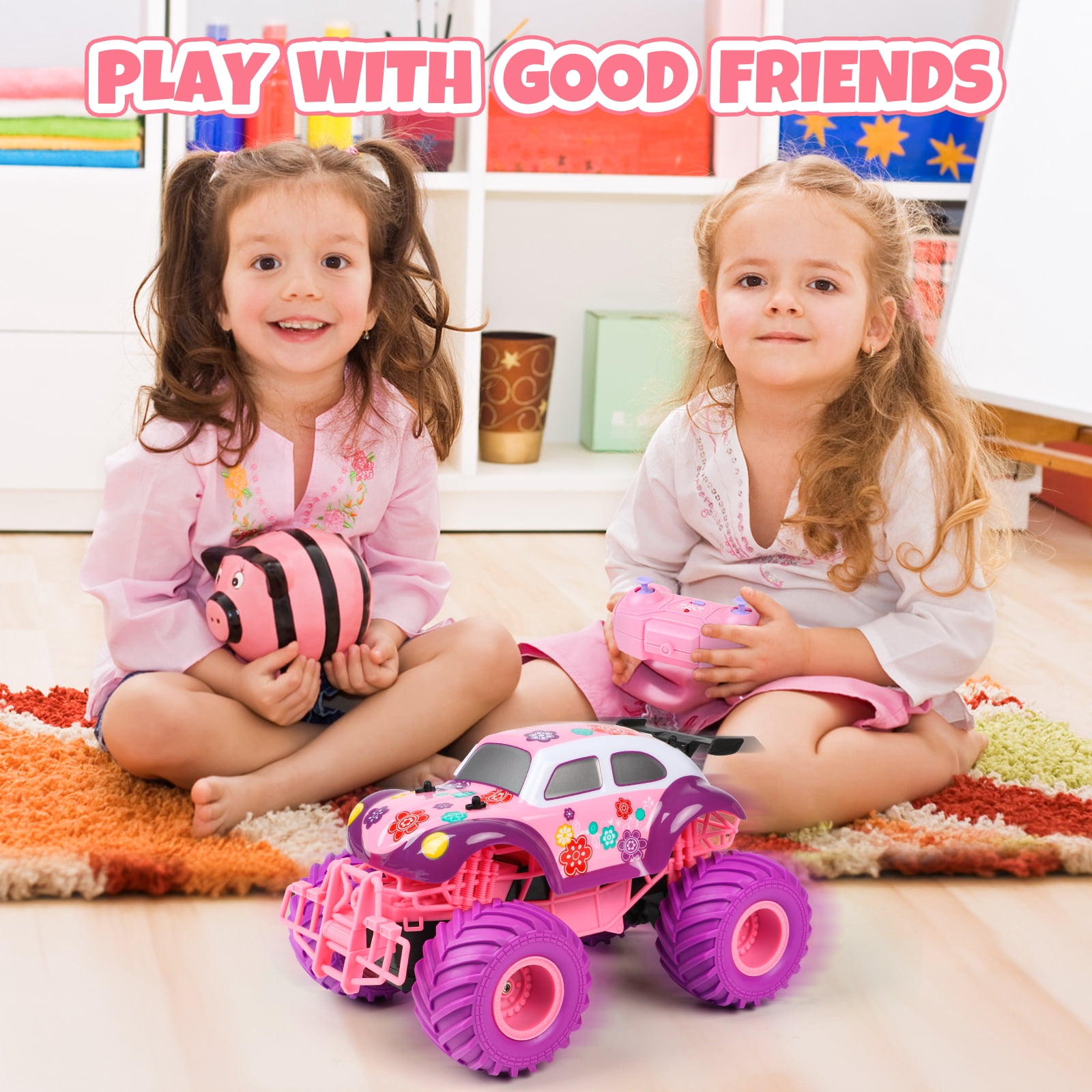 Beefunni Pink RC Car for Girls, 4WD Off-Road Remote Control Truck with 2.4GHz, Rechargeable Battery, All-Terrain RC Jeep Toy for Kids Ages 4-7, Birthday Gift for Girls