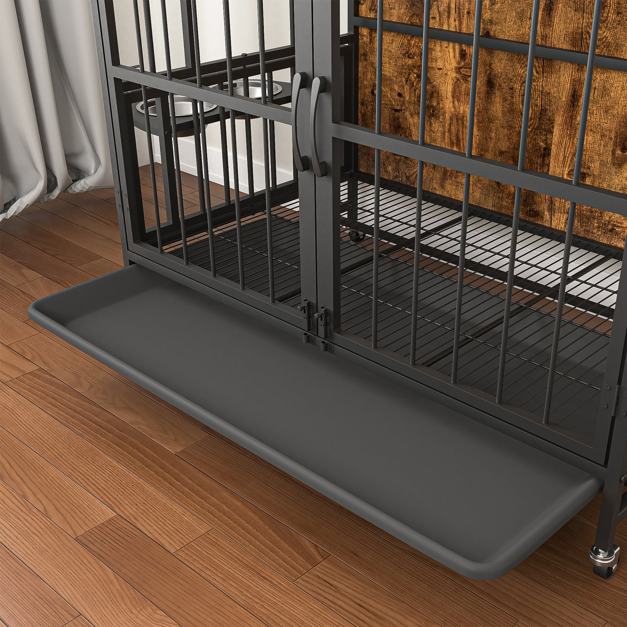 Hommoo Modern Kennel Dogs Room, Double-Door Dog House with Removable Tray, lift Panel, Adjustable Feeding Bowls, Dog Crate Cage for up to 80 LB, Brown