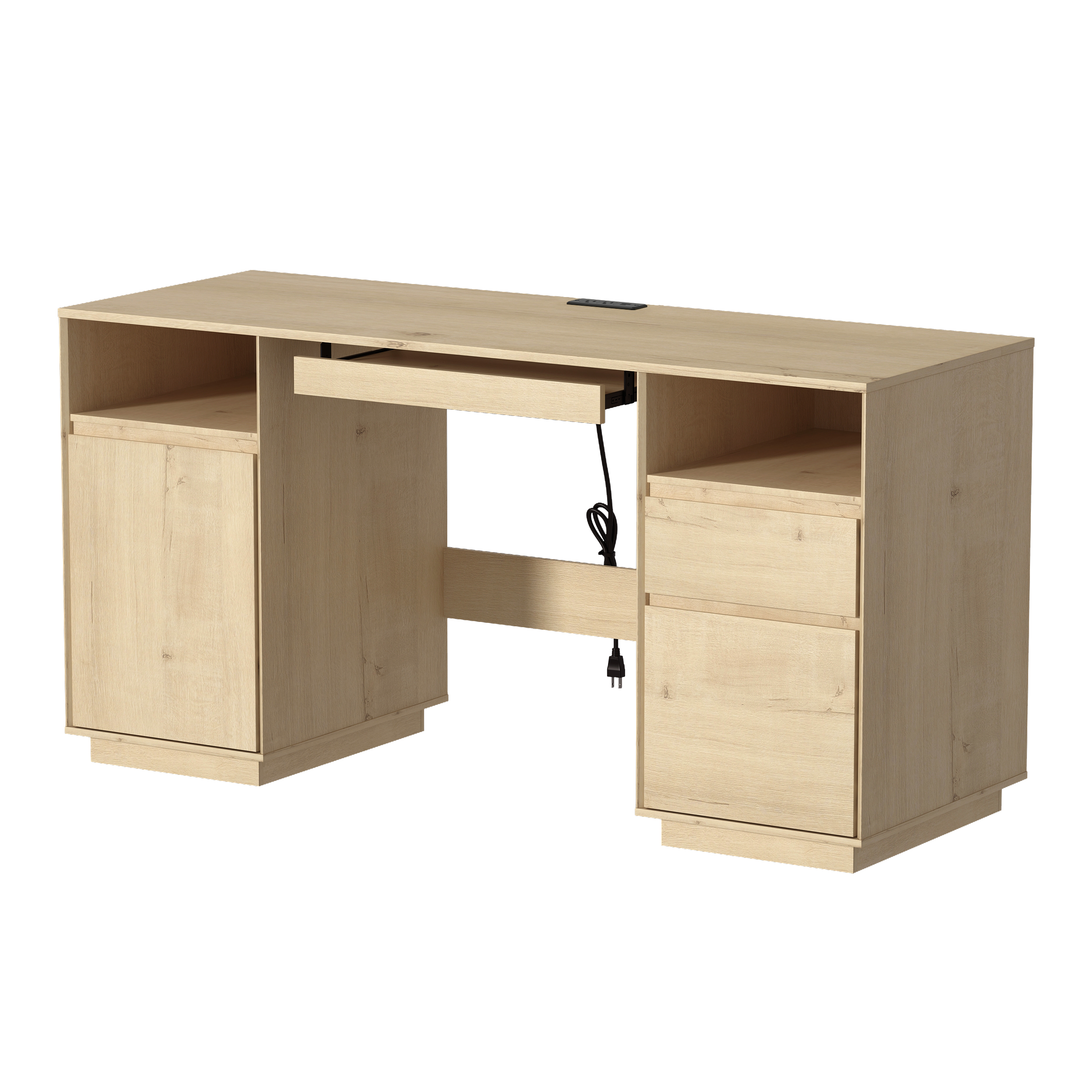 EYYTHUNG 59" Executive Desk, Farmhouse Large Home Office Desk with File Drawer & Outlet & Storage Cabinet, Wood Computer Desks with Keyboard Tray, Light Oak