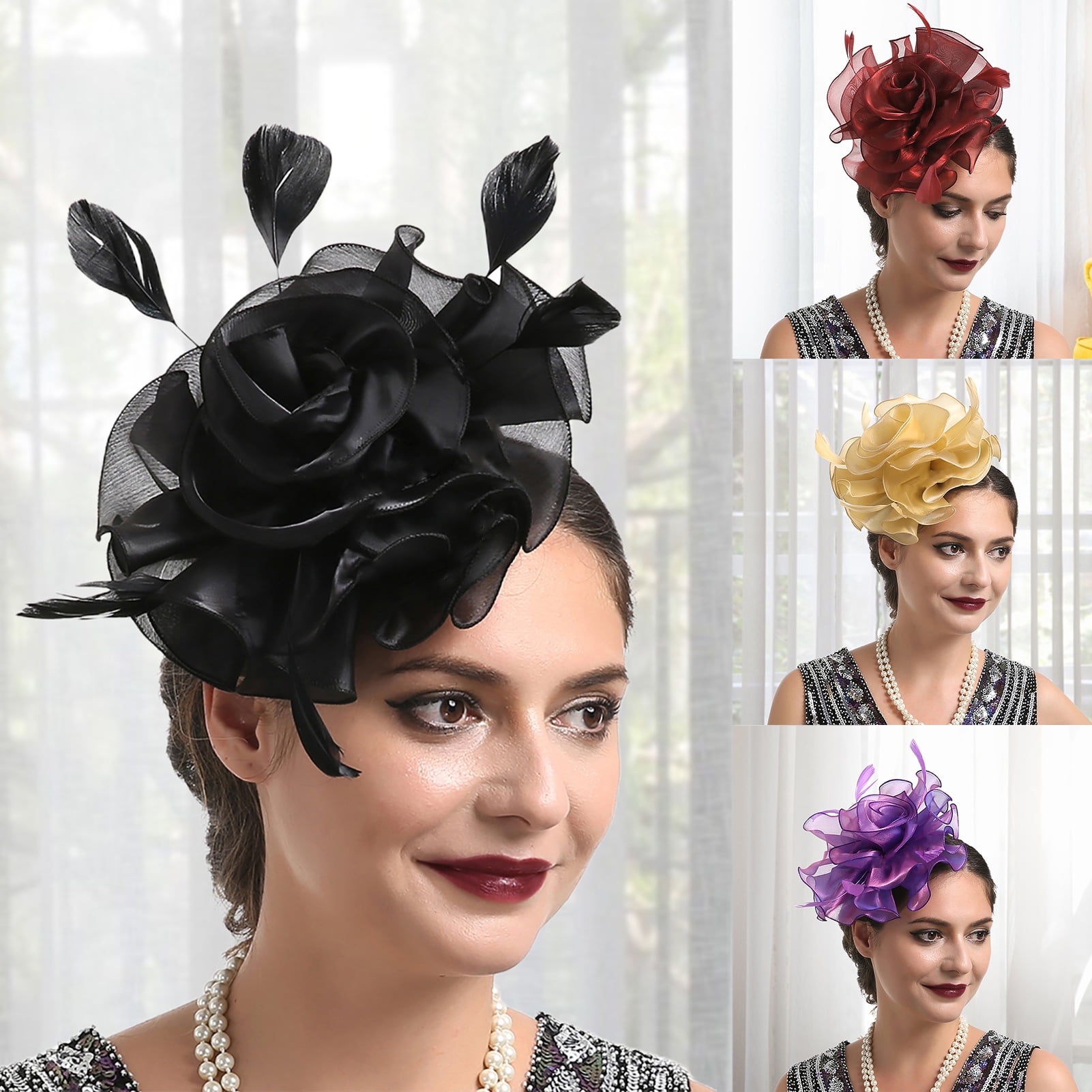 Womens Retro Wool Hat Fascinator with Luxury Yarn Flower