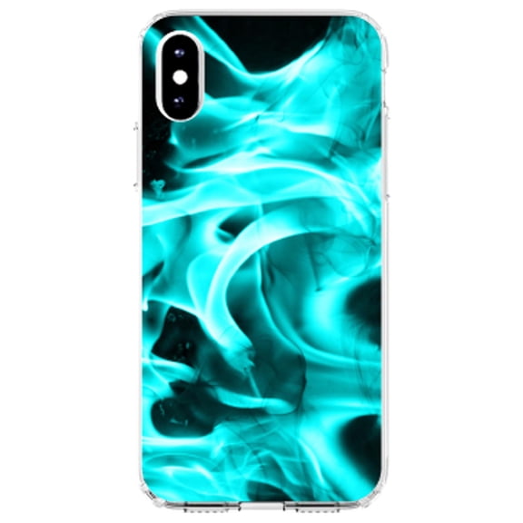 DistinctInk Clear Shockproof Hybrid Case for iPhone XS Max (6.5" Screen) - TPU Bumper, Acrylic Back, Tempered Glass Screen Protector - Teal Black Flame Fire - Printed Image of Fire