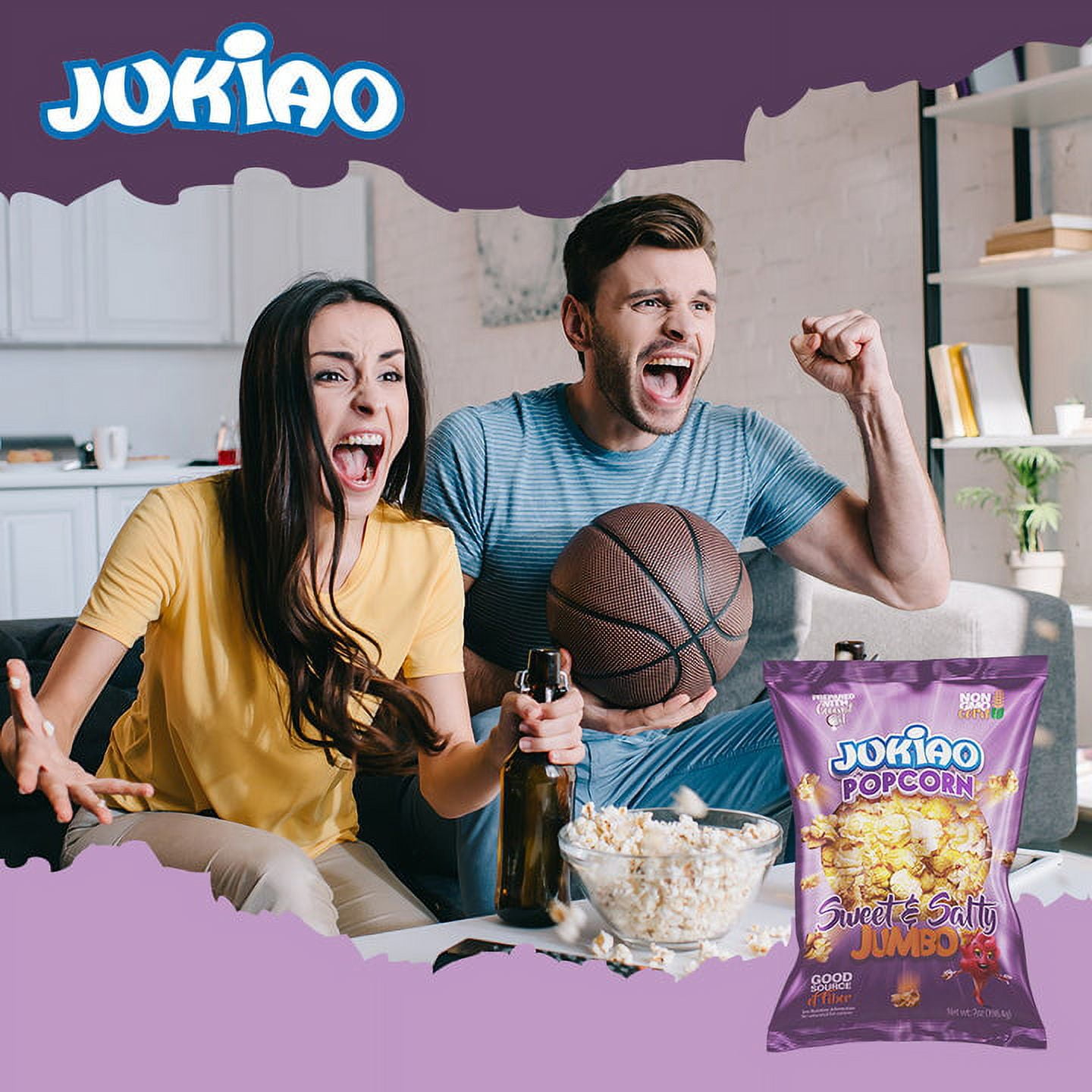 (3 pack) Jukiao Sweet and Salty Popcorn Jumbo Size, Non-GMO Corn, 7 oz Bag