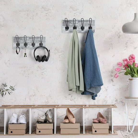 Wall Mounted Coat Rack, 15-Inch, Set Of 2 Wood Rustic Coat Hooks With 4 Hooks, Rustic White