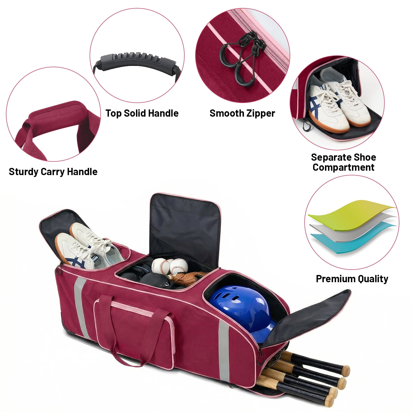 Fegat Large Catcher Gear Bag With Wheels, Soft Rolling Baseball Bag for 4 Bats, Portable Baseball Catcher Bag With Wheels, Multi-Pockets, Fence Hook, Holds All Softball Baseball Equipment