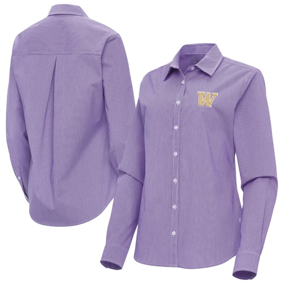 Women's Antigua Purple Washington Huskies Porter Woven Tri-Blend Long Sleeve Button-Up Shirt