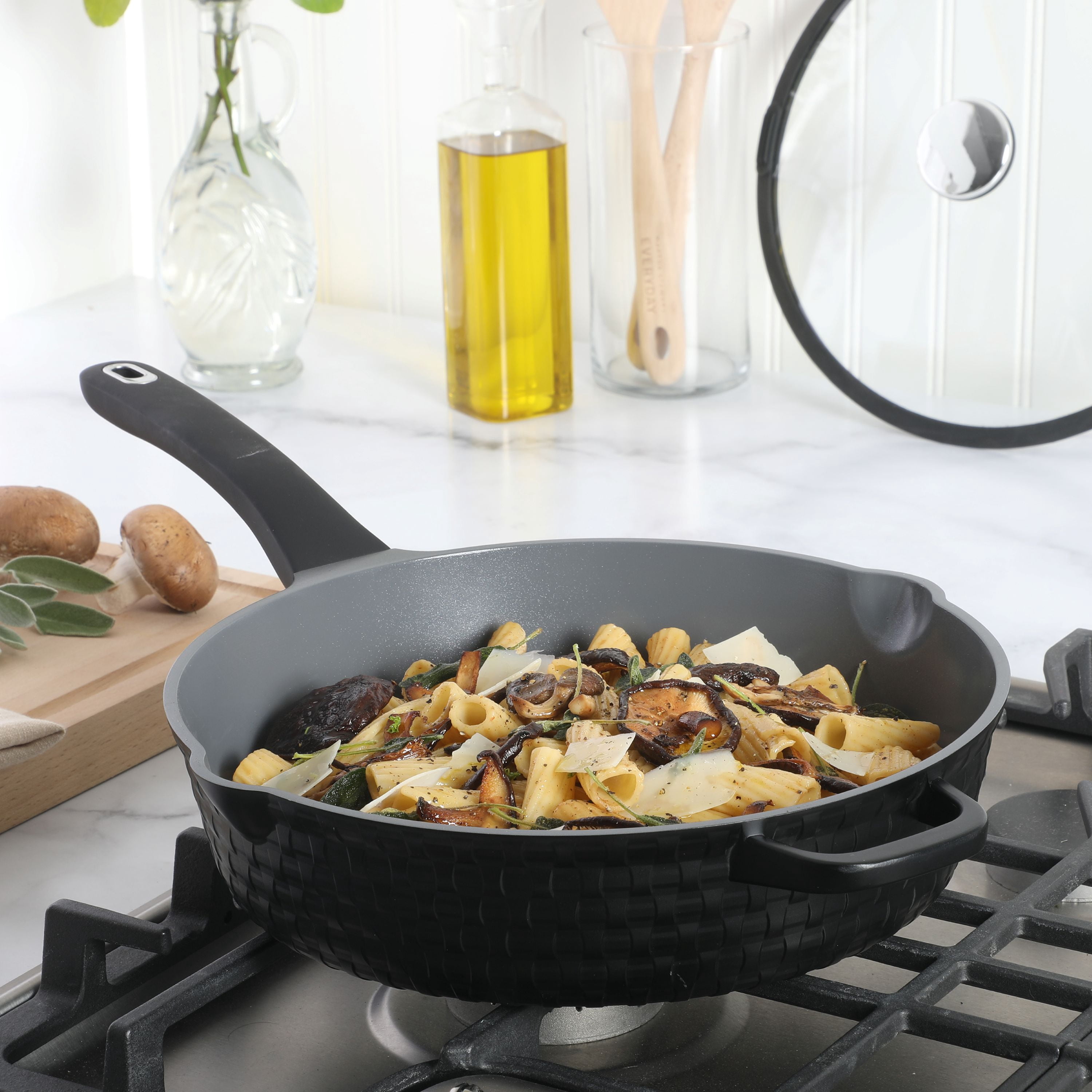 Martha Stewart 4 quart Black Cast Aluminum Basket Weave Saute Pan with lid