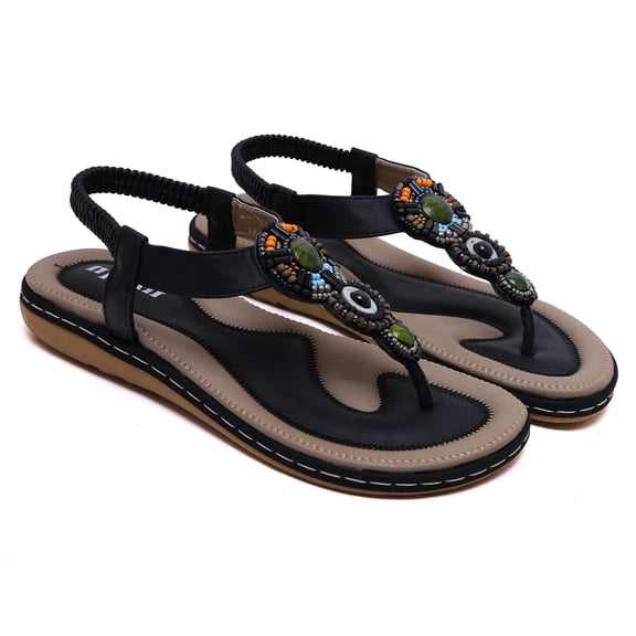 Women Dressy Summer Thong Flat Sandal T-Strap Boho Rhinestone Beach Sandals