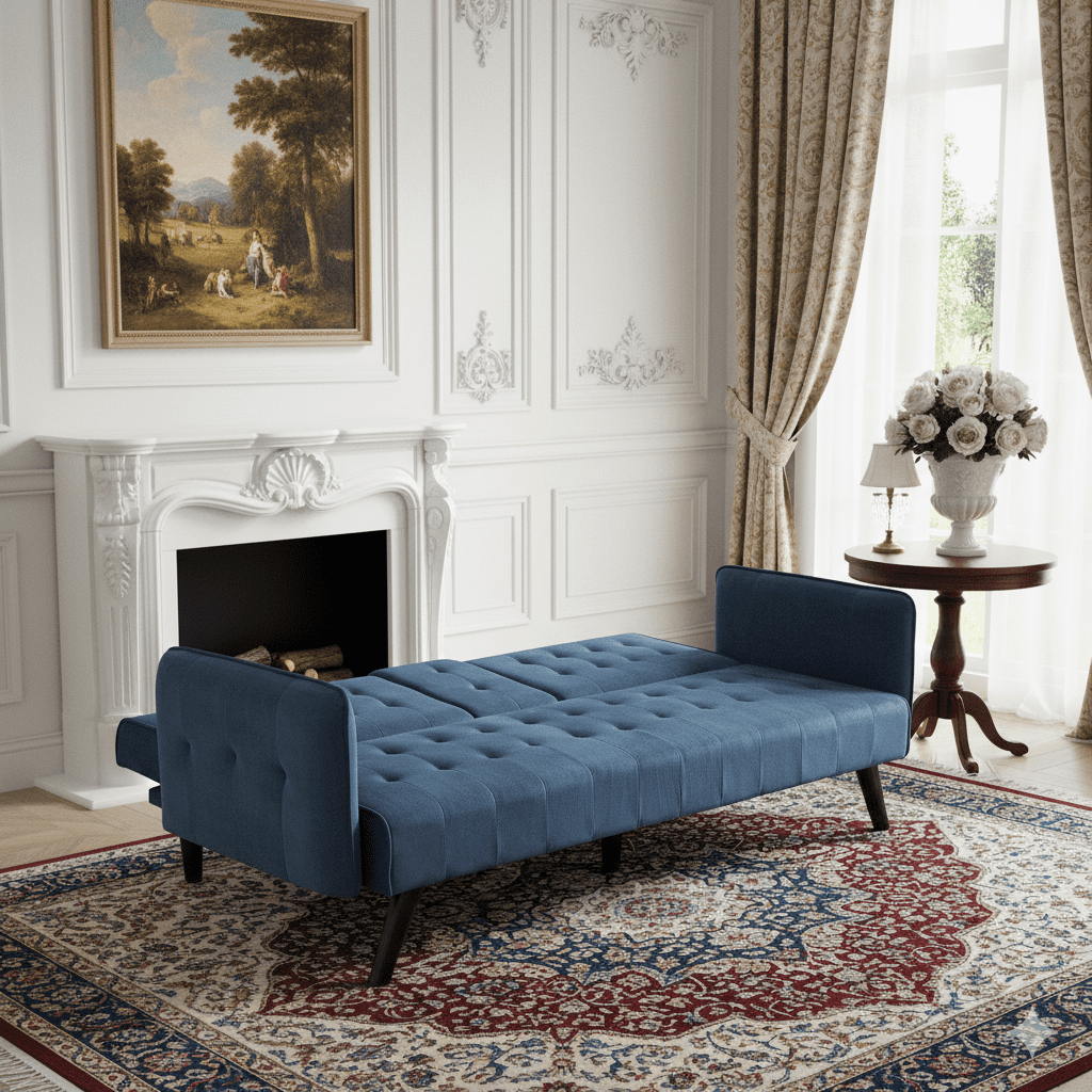 Gewnee 72" Convertible Sofa Bed,Tufted Velvet 3‑Seater Folding Futon Sleeper Couch with Cup Holders,Modern Couch for Home and Guest Room，Blue