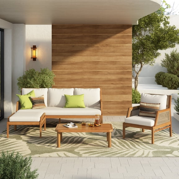 FFZ 4-Piece Acacia Wood Patio Furniture Set with Wicker Sectional Sofa and Coffee Table, 5 Seats, Teak
