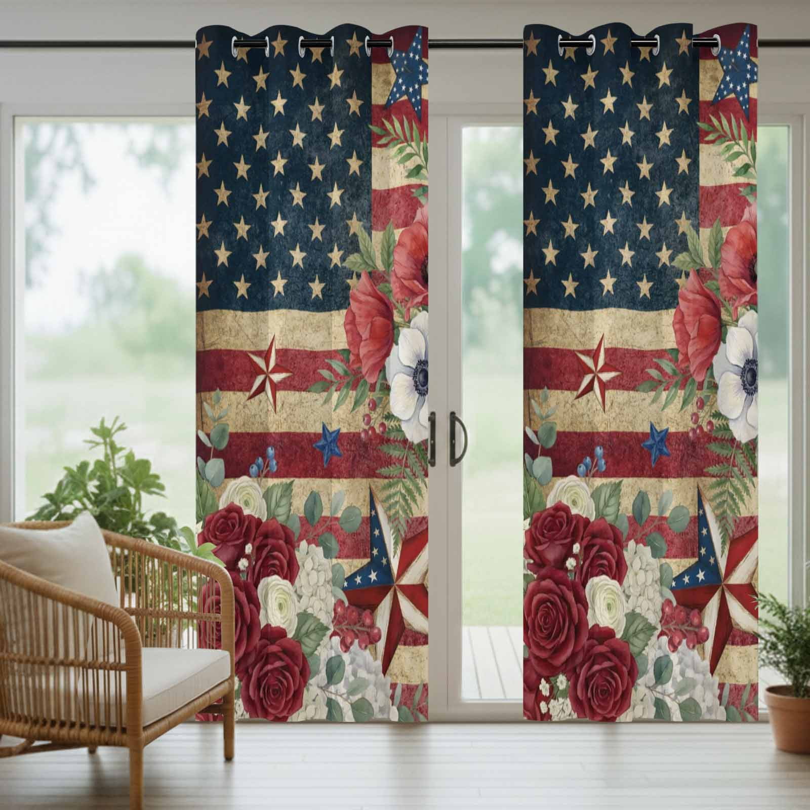 4th of July Outdoor Curtains for Patio, Patriotic USA Flag Stars Red Flowers Leaf Vintage Sunshade Privacy Drapes Grommet Waterproof Outside Curtains for Porch/Cabana/Balcony 54"x 108", 1 Panel