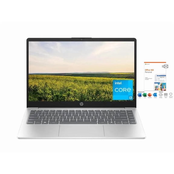 HP 14 inch Laptop HD Display| Intel Core i3-N305 Processor| Intel UHD Graphics| Webcam|Copilot|Silver| 16GB RAM | 512GB SSD | Windows 11 S | Bundle with Office 365