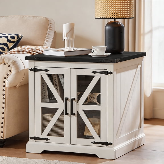 Joaxswe End Table with Charging Station for Living Room, 24" Farmhouse Side Table with Glass Barn Door, Square Nightstand for Bedroom, Elegant White
