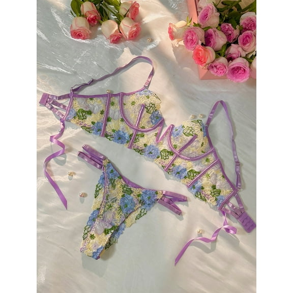 Purple Florals Embroidery Bustier Lingerie Set (PURPLE, S)