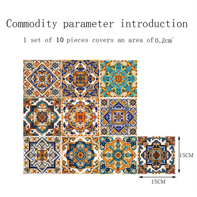 EastVita 10pcs Tile Sticker, Bathroom Kitchen Peel and Stick Backsplash Tile Decals Retro Pattern Waterproof Removable Self-Adhesive Square Wall Decals for Home Decor