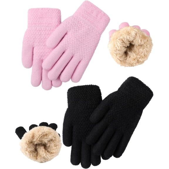 2 Pairs Kids Gloves Winter Thermal Wool Fleece Lined Gloves Thick Knit Glove for Cold Weather Boys Girls 5-12 Years