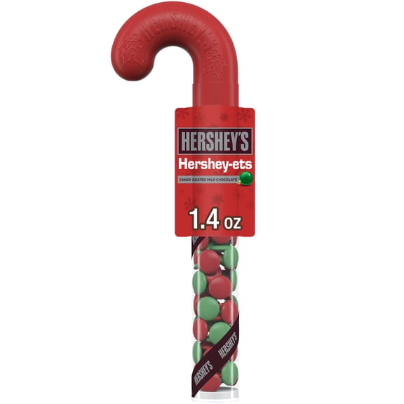 HERSHEY'S HERSHEY-ETS Candy Coated Milk Chocolate, Christmas Candy Plastic Cane, 1.4 oz