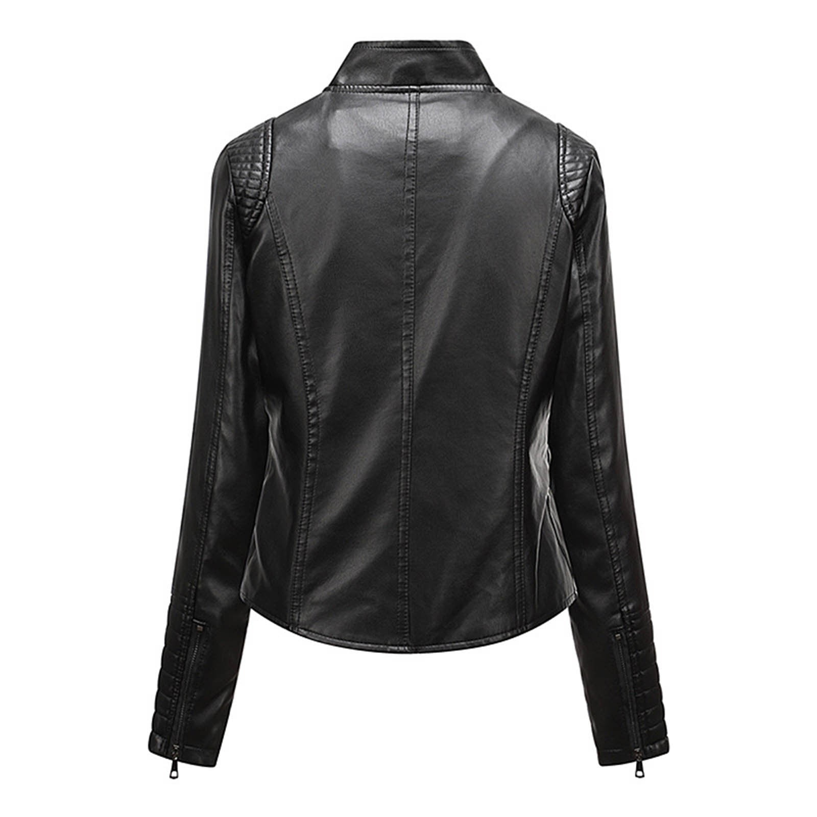 Women's Faux Leather Moto Jacket Casual Short Solid Color Slim Fitting Biker Coat with Pockets Fall Long Sleeve Sweater for Women S-148 Black M