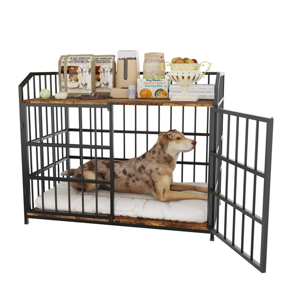 HOHYN 46.46" Large Double-Door Dog Crate Furniture with Tabletop, Heavy-Duty Steel & Wood Indoor Dog Kennel for Large Breed Dogs, Dog Crate Indoor, Brown​