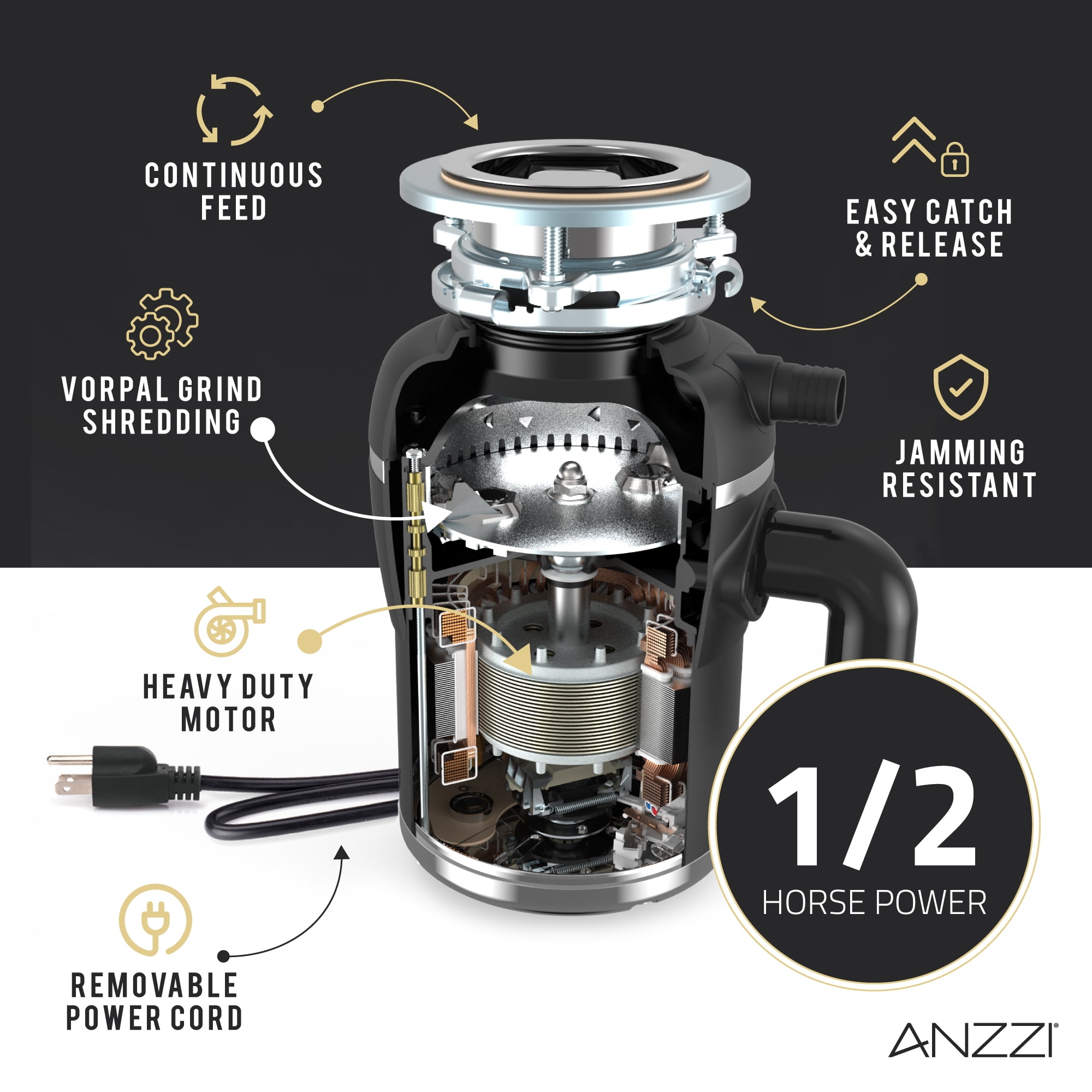 Swcorp GD-AZ212 Medusa 0.5 Hp Continuous Feed Undersink Garbage Disposal, Black