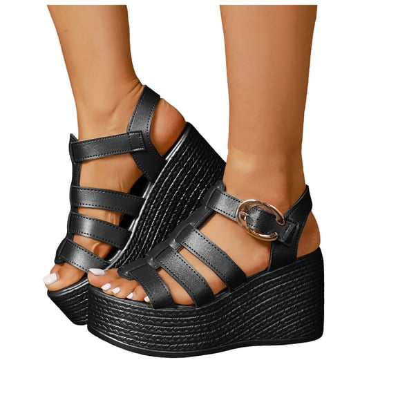 Rokment Platform Wedge Gladiator Dressy Sandals for Women Vintage Roman Leather Open Toe Ankle Strap Chunky High Heels Fashion Casual Comfortable Walking Summer Beach Dress Shoes Black Size 6