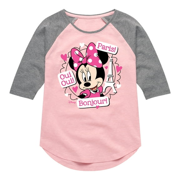 Disney - Mickey & Friends - Minnie Mouse Speaks French - Oui Oui, Paris, Bonjour - Toddler And Youth Girls Raglan Graphic T-Shirt
