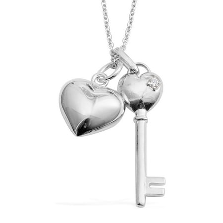 Set of 2 Crystal Silvertone Key and Chain Love Heart Valentines Pendant Necklace