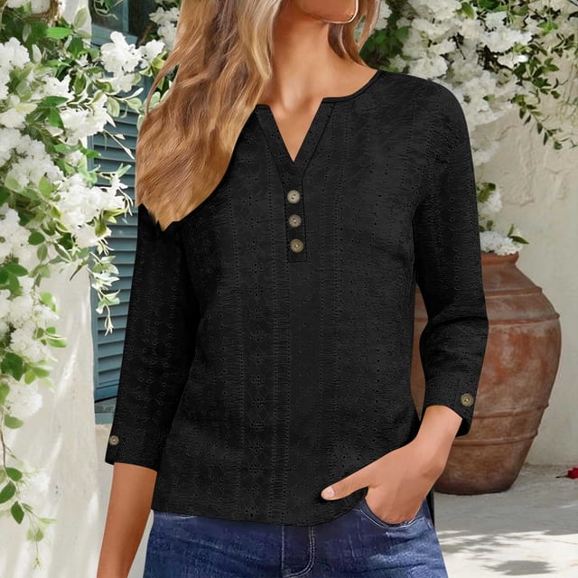 TaTaai Women's V Neck Button Three Quarter Sleeve Solid Color Jacquard Casual Blouses Loose Pullover Comfortable Tops for Spring Winter Daily Outfits Gift