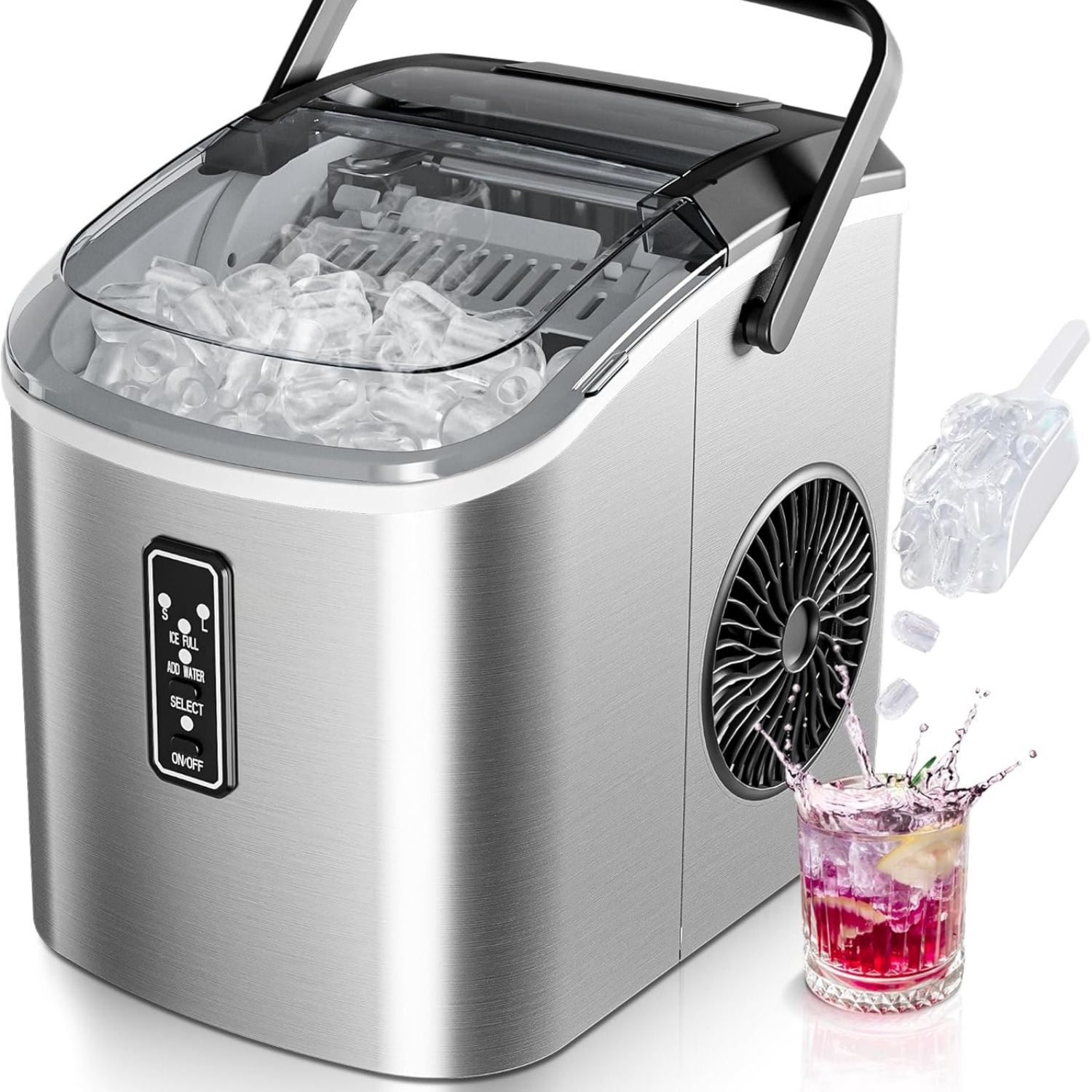 Ice Maker Countertop with Carry Handle, 9 Cubes Ready in 6 Mins, 26.5lbs/24H, Self-Cleaning, 2 Sizes of Bullet Ice with Basket and Scoop, Portable Ice Maker Machine for Home, Kitchen, Office