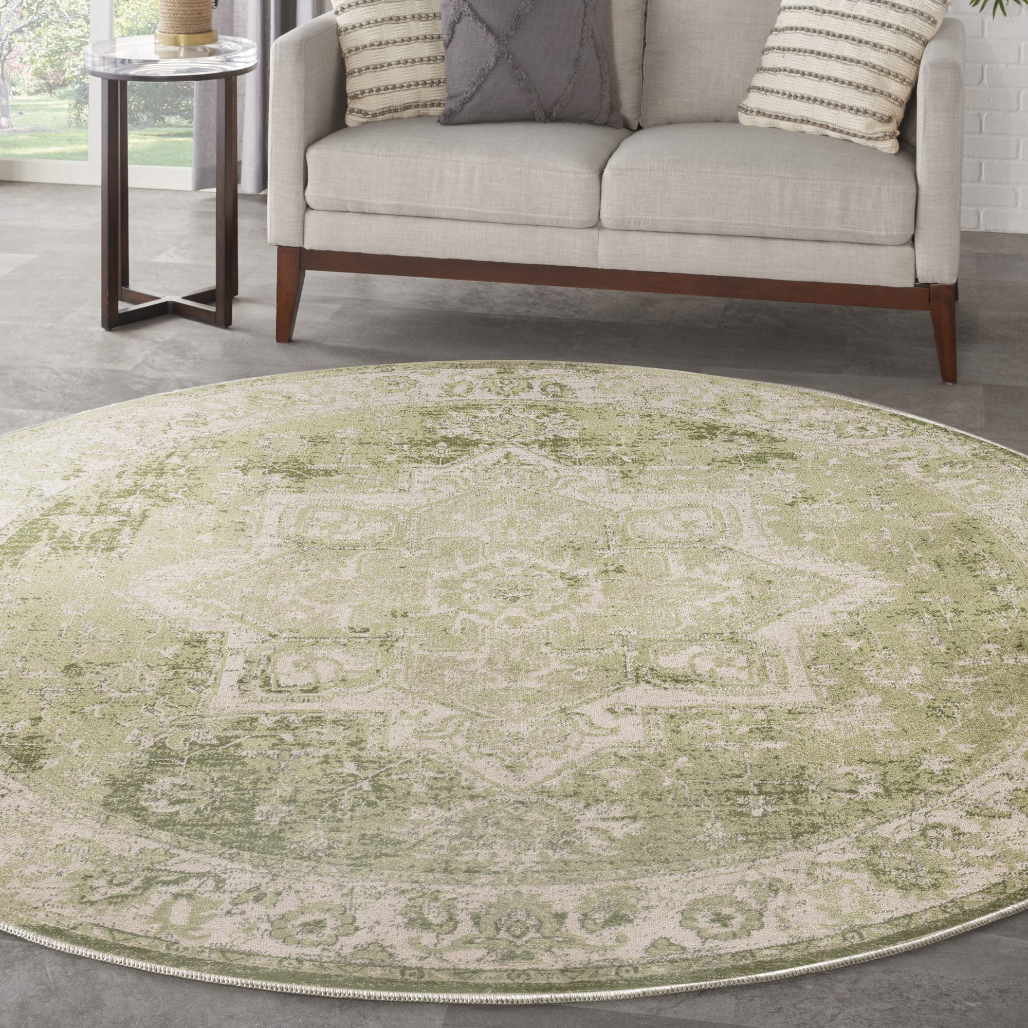 Nourison Astra Machine Washable 5'3" x Round Ivory Green Vintage Indoor Flatweave Rug