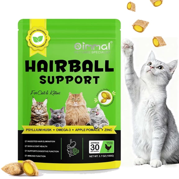 Oimmal Cat Hairball Treats with Omega Oils Supports Skin & Coat, Cat Dry Food Healthy Digestion & Naturally Hairball Control, Chicken Flavor 3.7oz