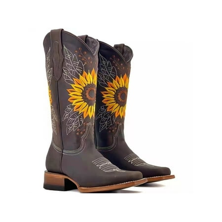 

Lacyhop Women Cowboy Boot Block Heel Booties High Top Mid Calf Boots Walking Non-slip Retro Pointed Toe Coffee 8.5
