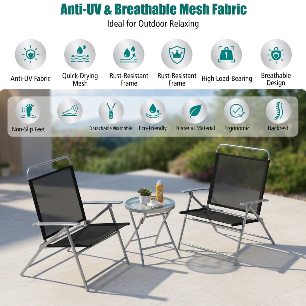Hommoo 3-Piece Folding Outdoor Patio Chair Set with Tempered Glass Coffee Table, Metal Conversation Set for Backyard, Poolside & Balcony, Black
