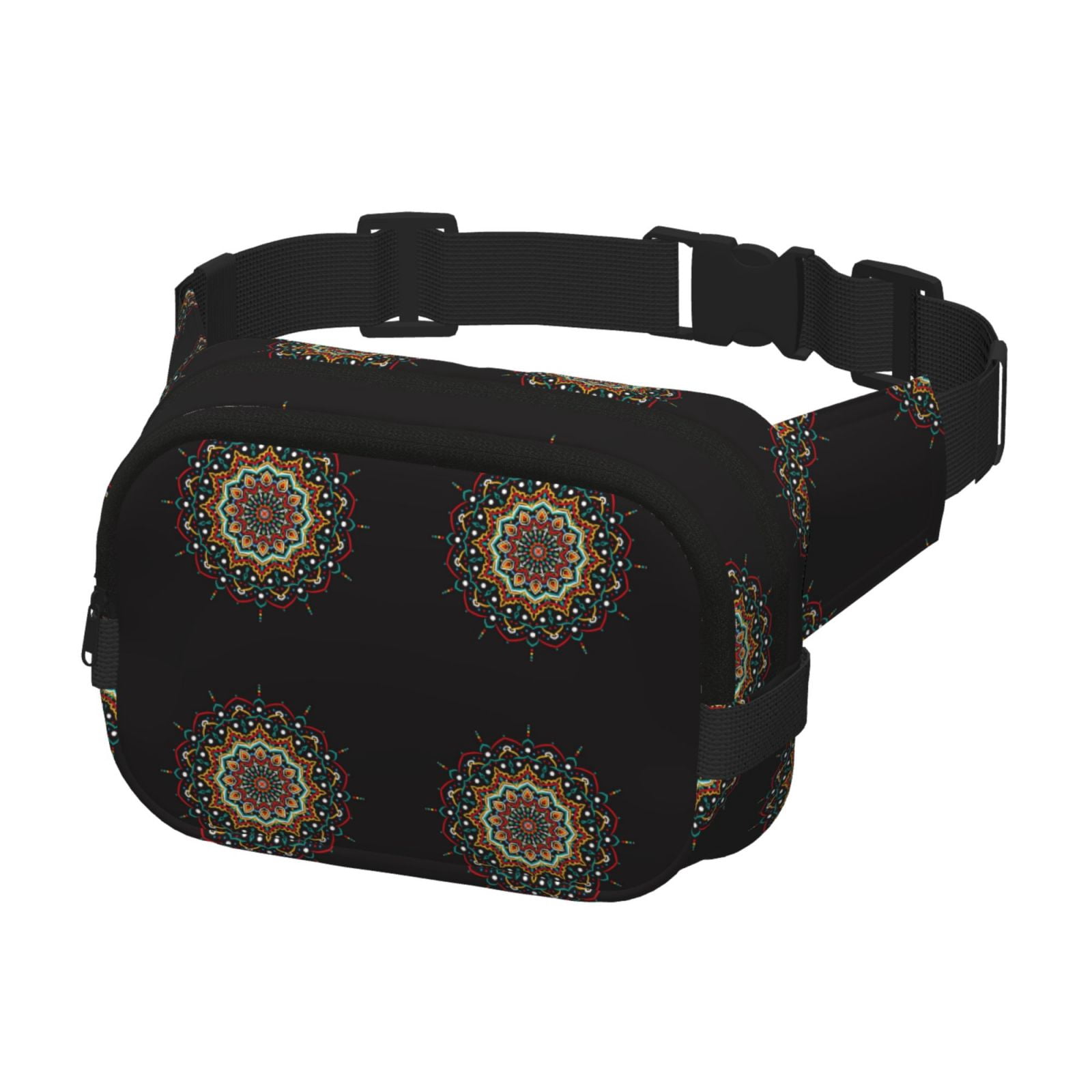 Picia Colorful Mandala Print Square Double-Layer Waist Bag Mini Adjustable Waist Belt Bag Exercise Running Travel Hiking