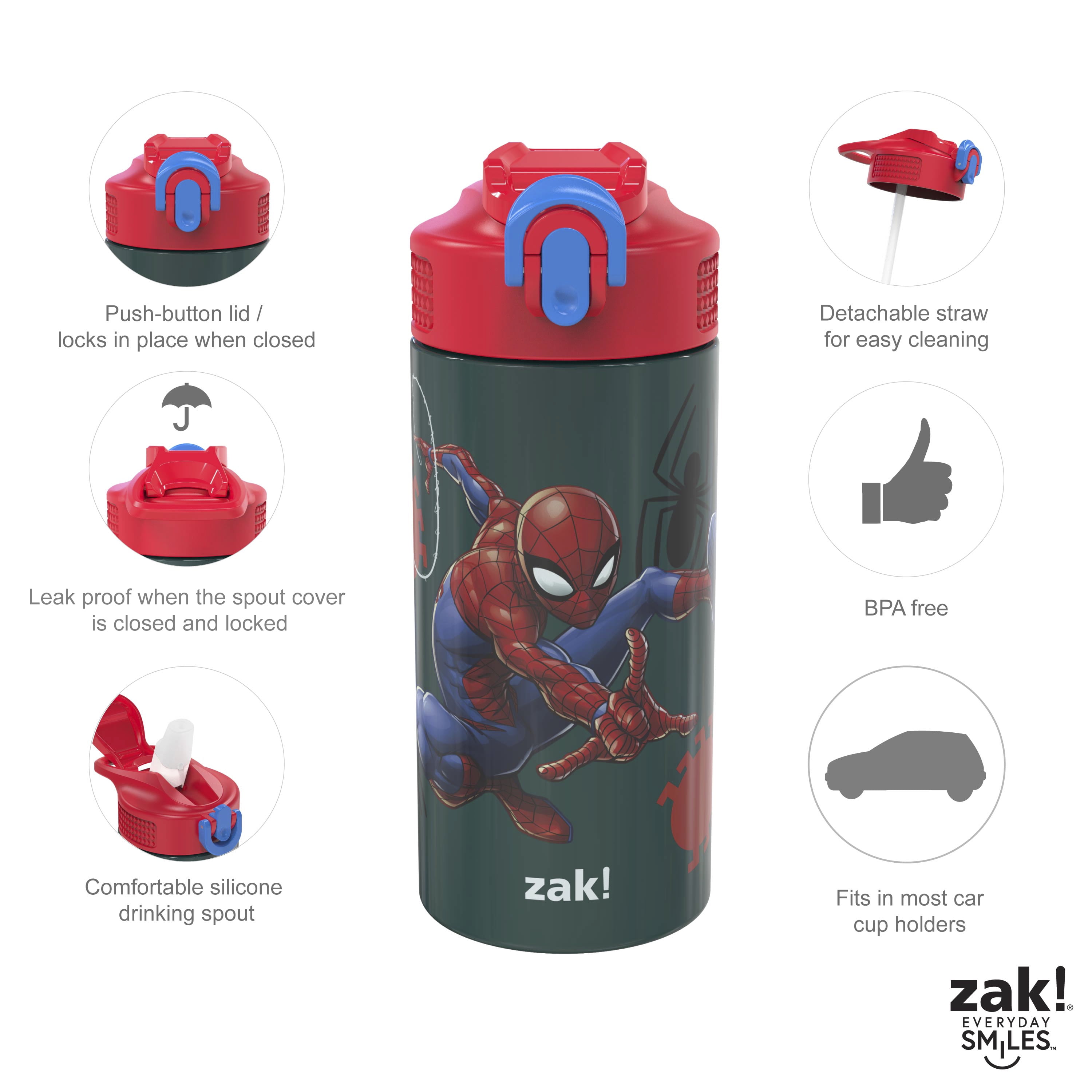 Zak Designs 20oz Stainless Steel Kids' Water Bottle with Antimicrobial Spout 'MARVEL Spider-Man