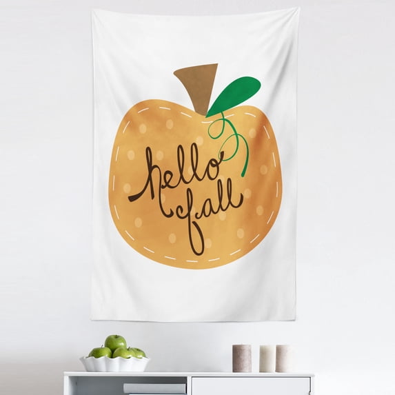 Hello Fall Tapestry, Abstract Hand Drawn Colorful Pumpkin Motif and Related Calligraphy, Fabric Wall Hanging Decor for Bedroom Living Room Dorm, 5 Sizes, White Umber and Apricot, by Ambesonne