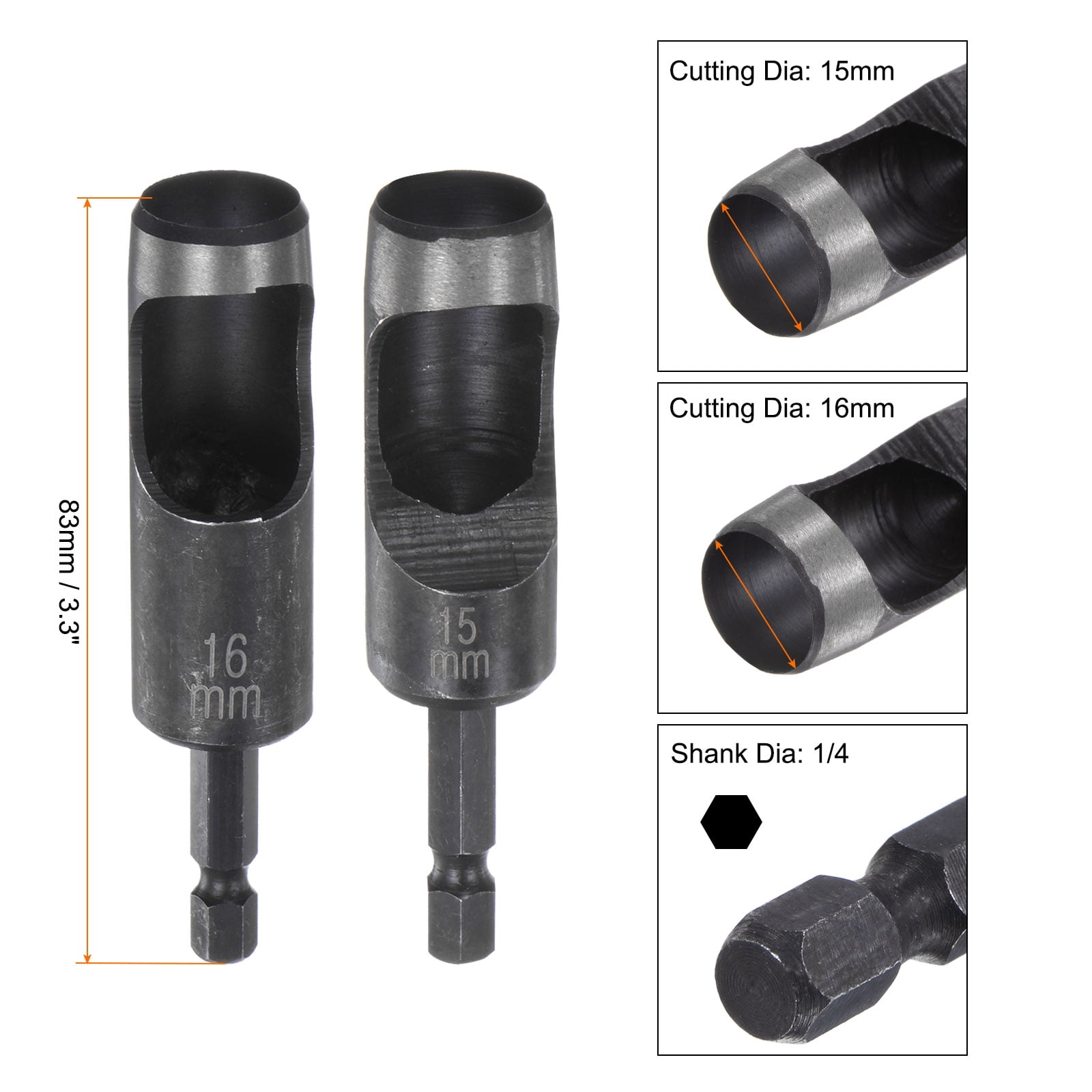 Uxcell 4pack 15mm,16mm Leather Hollow Hole Punch with 1/4" Hex Shank for Drill, Belt Hole Punch Punching Cutter Tool