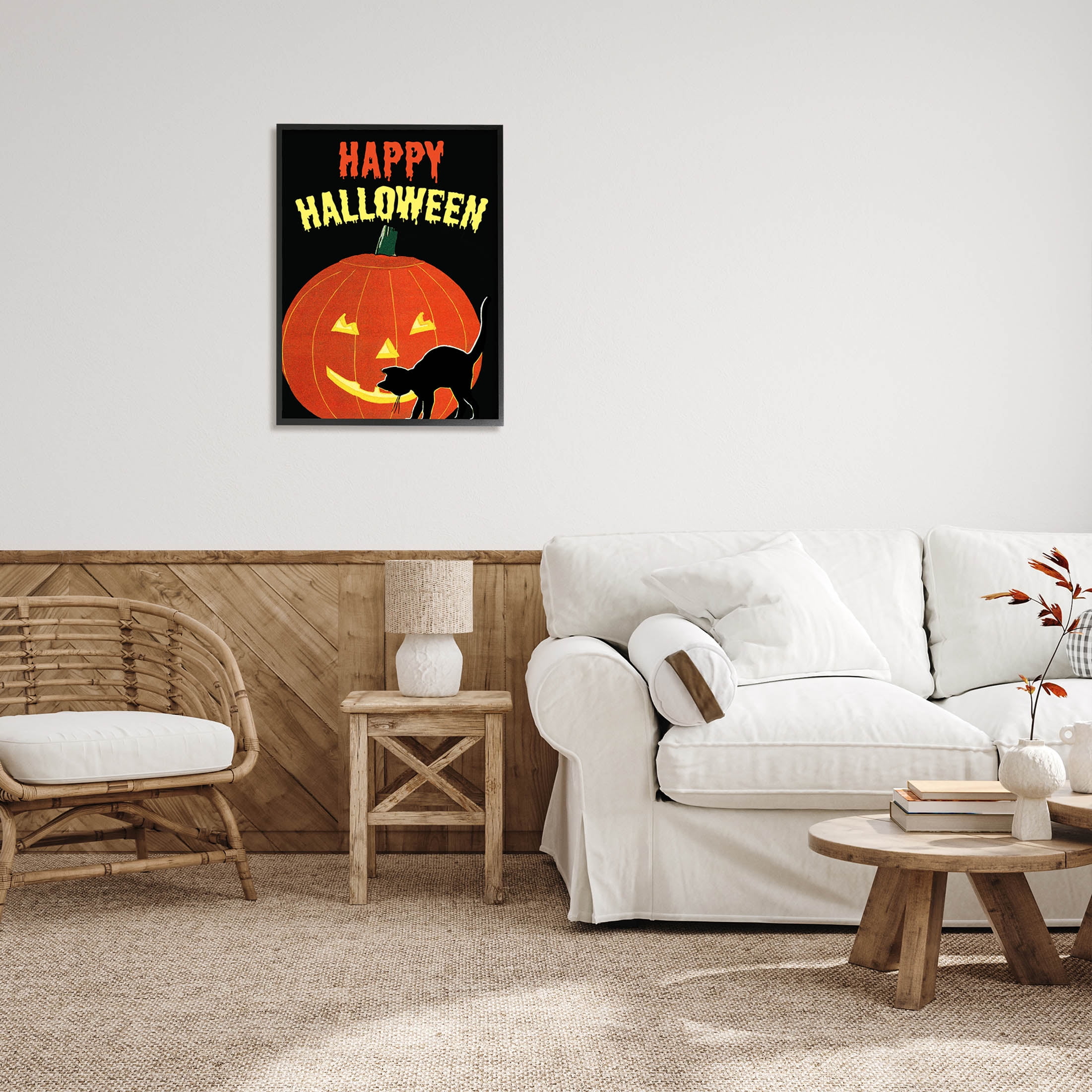 Stupell Industries Happy Halloween Haunted Jack-o-Lantern Graphic Art Black Framed Art Print Wall Art, Design by The Saturday Evening Post