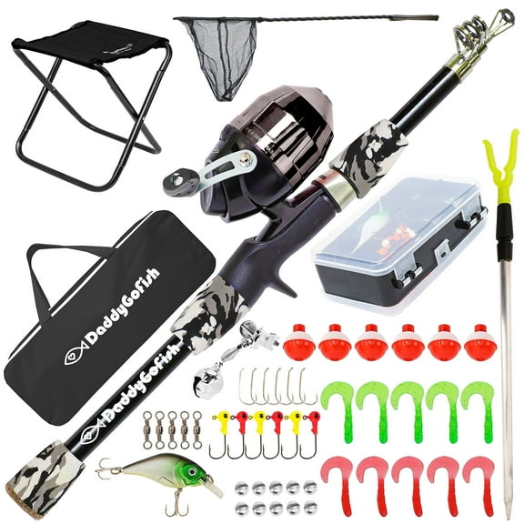 DaddyGoFish Kids Fishing Pole – Telescopic Rod & Reel Combo with Collapsible Chair, Rod Holder, Tackle Box, Bait Net and Carry Bag for Boys and Girls