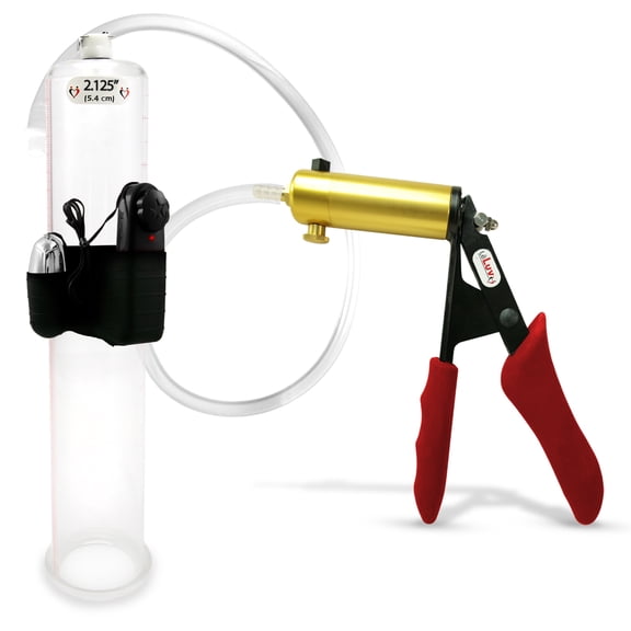 LeLuv Ultima Penis Pump, Brass w/ Red Handle, Silicone Grip, Clear Hose | 12" x 2.125" Vibrating Cylinder Cylinder