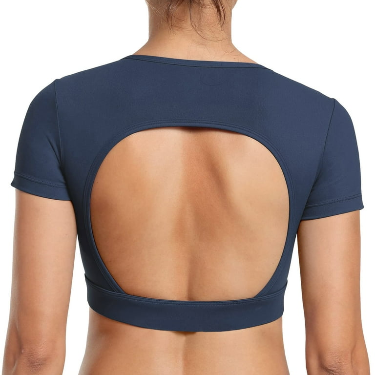 Lisingtool t shirts for women Womens Open Back Tee Tops With Removable Pads  Workout Backless T Shirt Bra Top women tops Navy