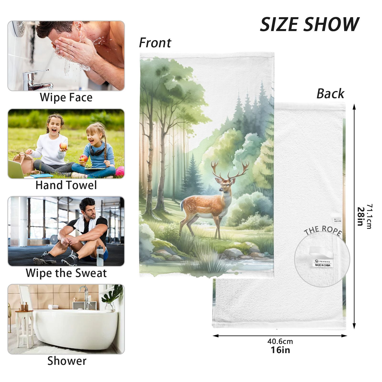 Deers on Forest Hand Towel Bath Towels Face Towels Cotton Absorbent for Home Hotel Spa Swimming Yoga Sports Decorative Towel Set of 2