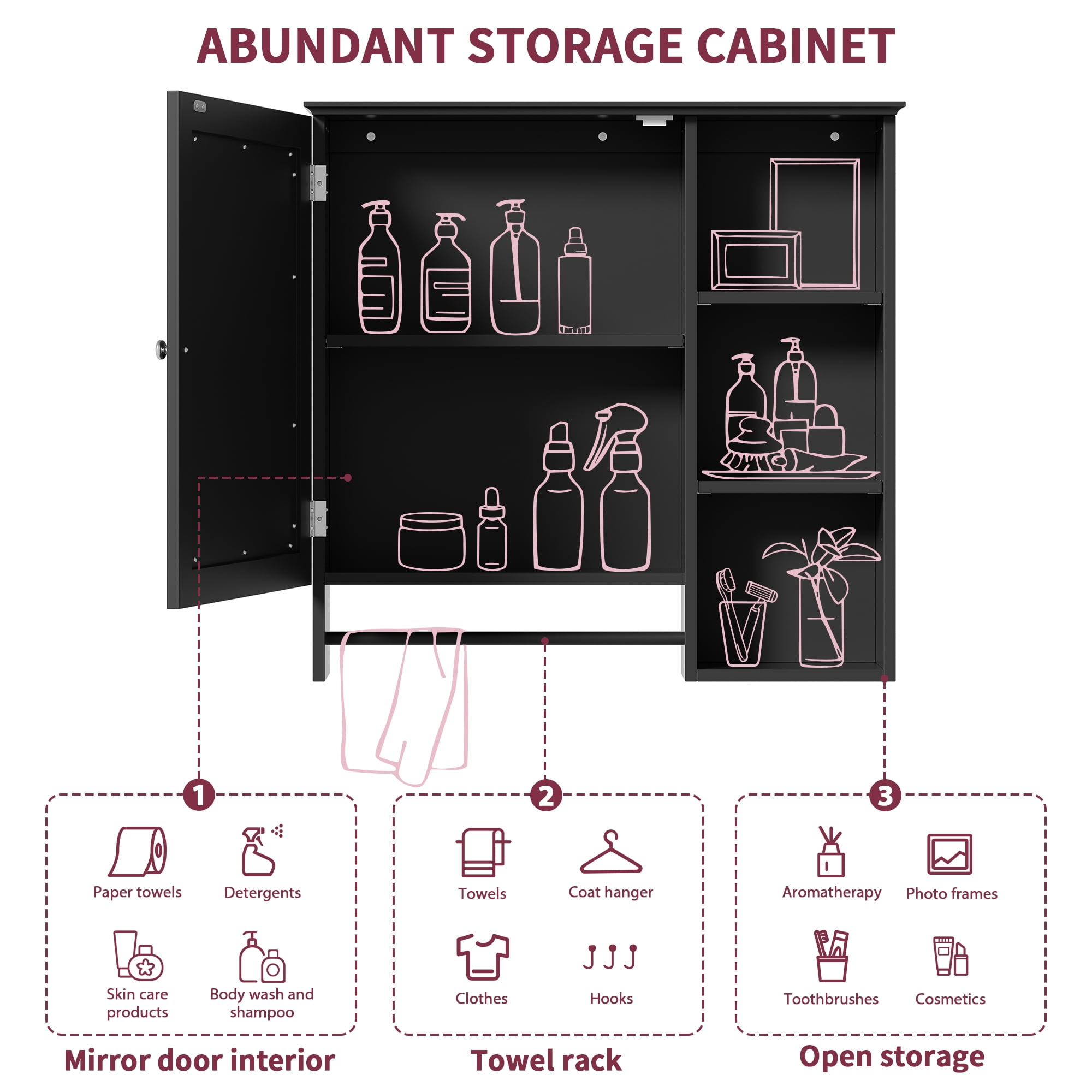 Euroco Wall Mounted Bathroom Storage Cabinet, Medicine Cabinets with large mirror door, adjustable shelves and three open storage levels(Not Include Bathroom Vanity )